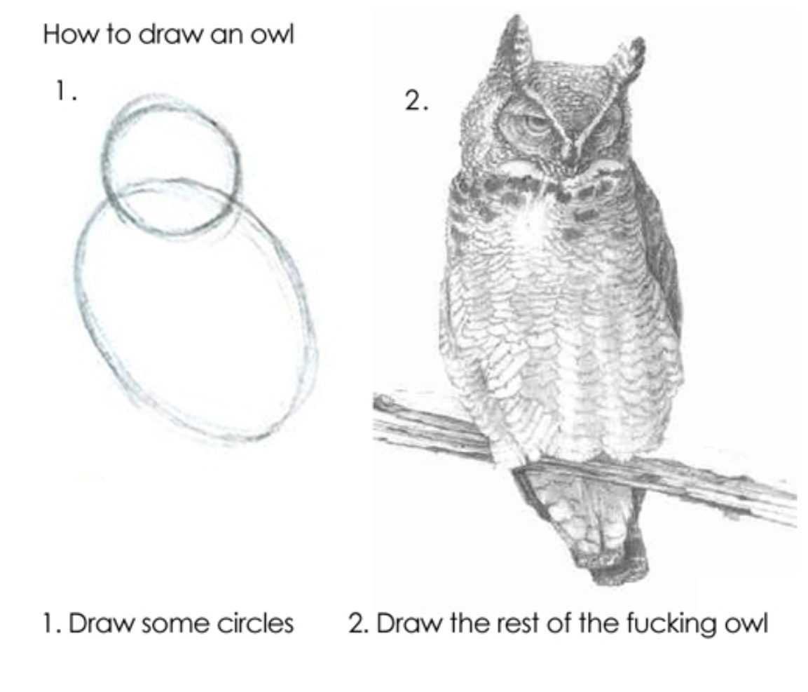 How to draw an owl.
1. Draw some circles
2. Draw the rest of the owl