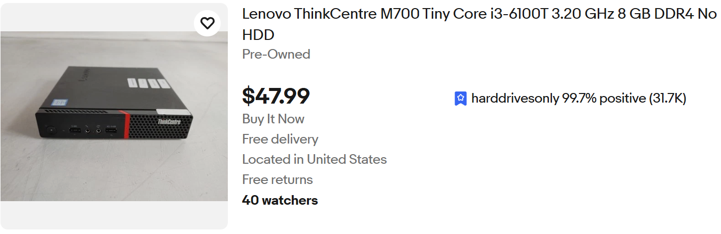 Ebay listing for a Lenovo M700 with i3-6100T with 8GB of ram no hard drive for $48