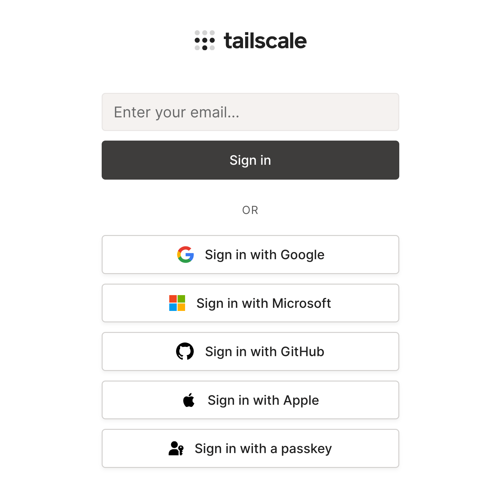 A screenshot of tailscale's log in page which has buttons for Google, Microsoft, GitHub, Apple, and passkeys