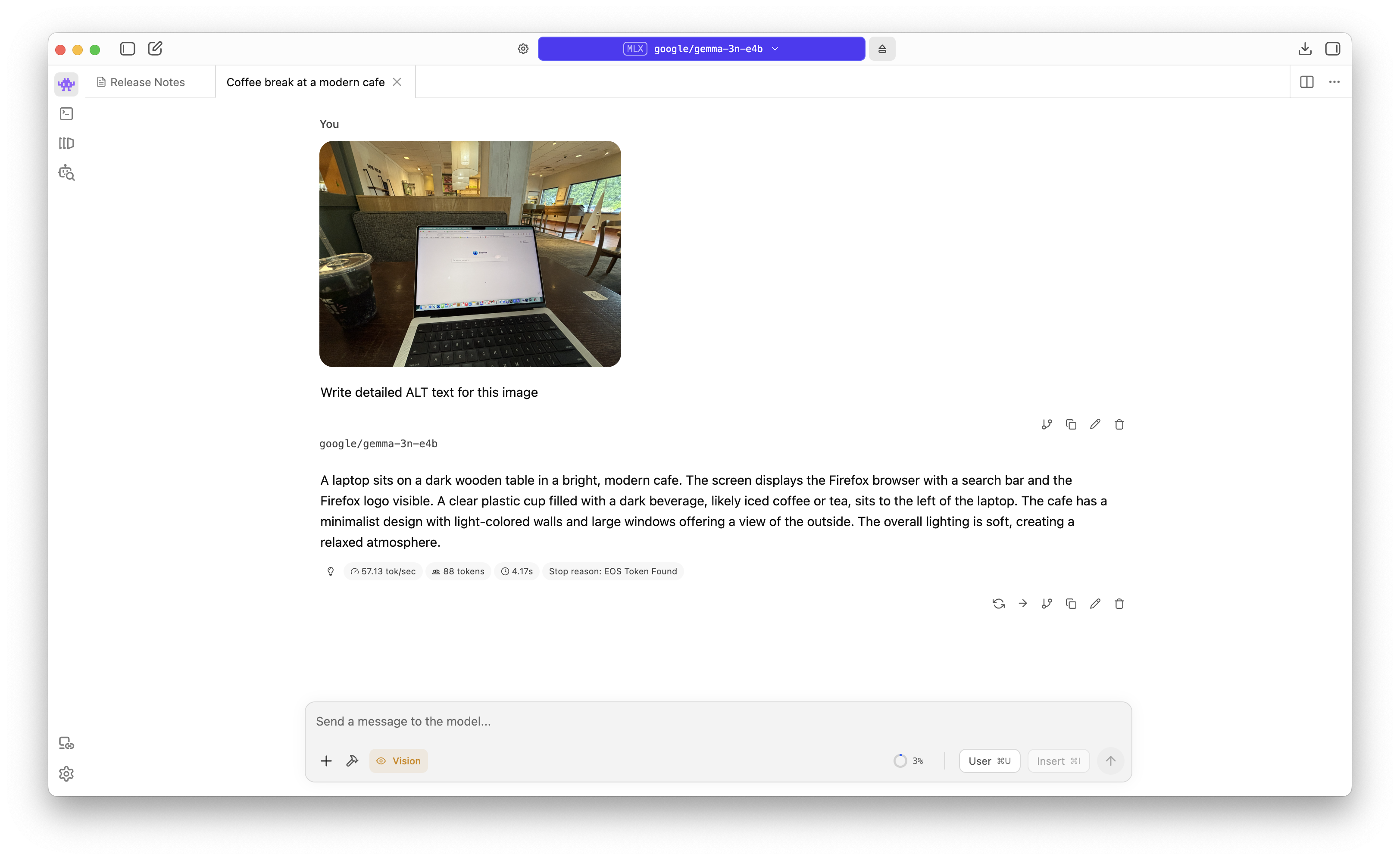 A screenshot asking Gemma to describe a picture of a laptop. its description is reasonable.