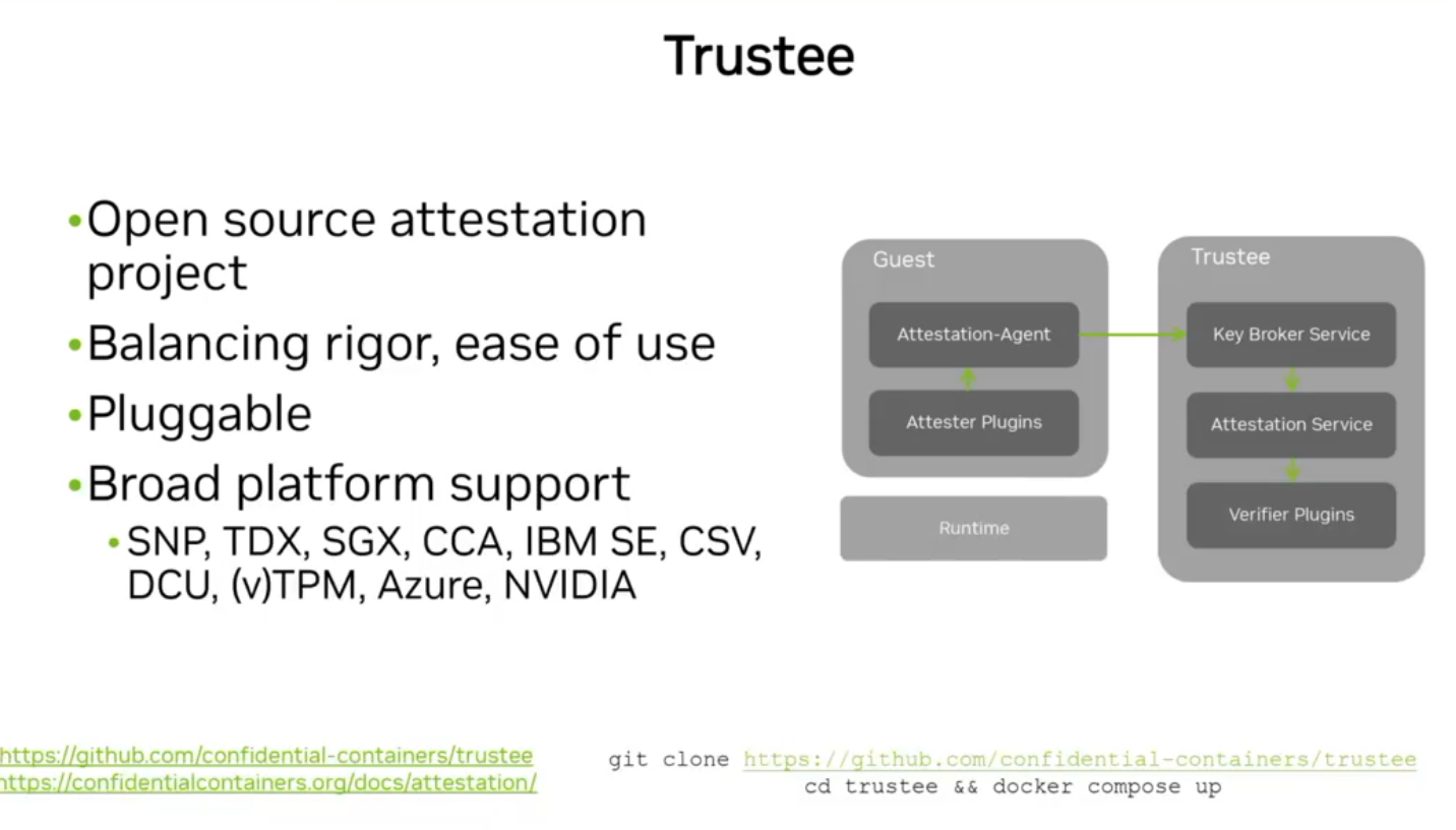 This presentation slide is titled Trustee and details an open source attestation project. Visible bullet points include: Open source attestation project, Balancing rigor, ease of use, Pluggable, and Broad platform support with a sub-list of SNP, TDX, SGX, CCA, IBM SE, CSV, DCU, (v)TPM, Azure, NVIDIA. The slide features a diagram with two grey blocks labeled Guest and Trustee. The Guest block contains Attestation-Agent and Attester Plugins above a Runtime layer, while the Trustee block contains a vertical stack of Key Broker Service, Attestation Service, and Verifier Plugins connected by green arrows. At the bottom left are links to github.com/confidential-containers/trustee and confidentialcontainers.org/docs/attestation/. The bottom right displays terminal commands: git clone https://github.com/confidential-containers/trustee and cd trustee && docker compose up.
