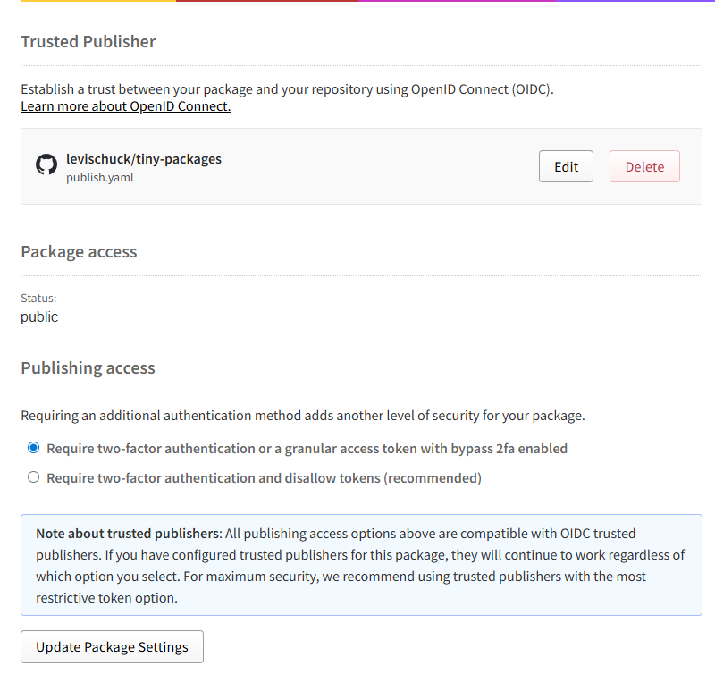 A screenshot of NPM showing the trusted publisher is tied to levischuck/tiny-packages.