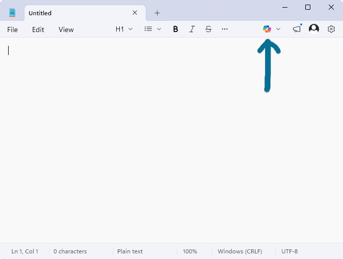 An arrow pointing to the copilot icon in notepad
