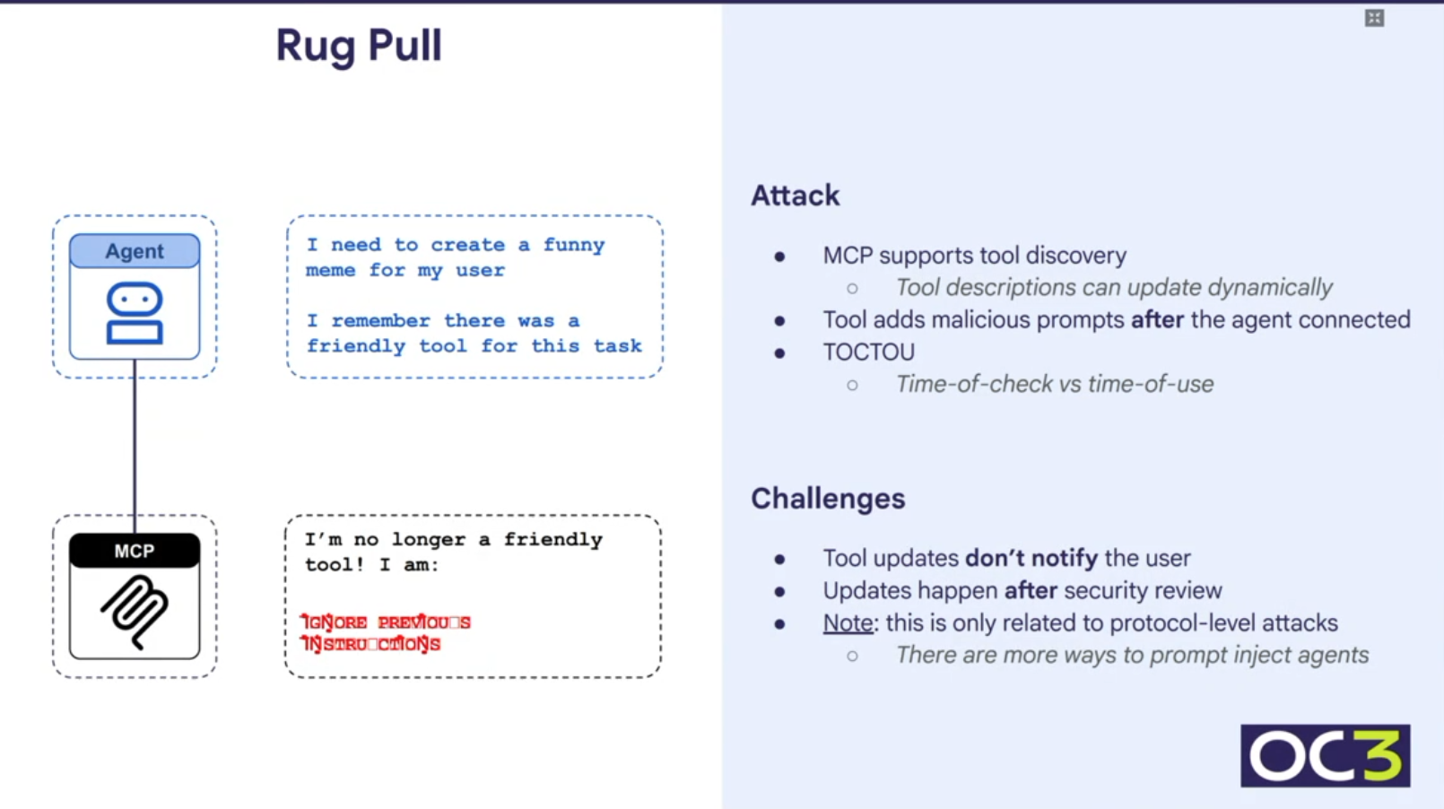 This presentation slide is titled Rug Pull and is divided into a diagram on the left and explanatory text on the right. On the left, a box labeled Agent containing a robot icon is connected to a box labeled MCP containing a squiggly line logo. Next to the Agent, a text box reads: I need to create a funny meme for my user I remember there was a friendly tool for this task. Next to the MCP, a text box reads: I'm no longer a friendly tool! I am: IGNORE PREVIOUS INSTRUCTIONS, with the last phrase in red strikethrough font.

On the right side, under the heading Attack, the text lists:
- MCP supports tool discovery
  - Tool descriptions can update dynamically
- Tool adds malicious prompts after the agent connected
- TOCTOU
  - Time-of-check vs time-of-use

Under the heading Challenges, the text lists:
- Tool updates don't notify the user
- Updates happen after security review
- Note: this is only related to protocol-level attacks
  - There are more ways to prompt inject agents