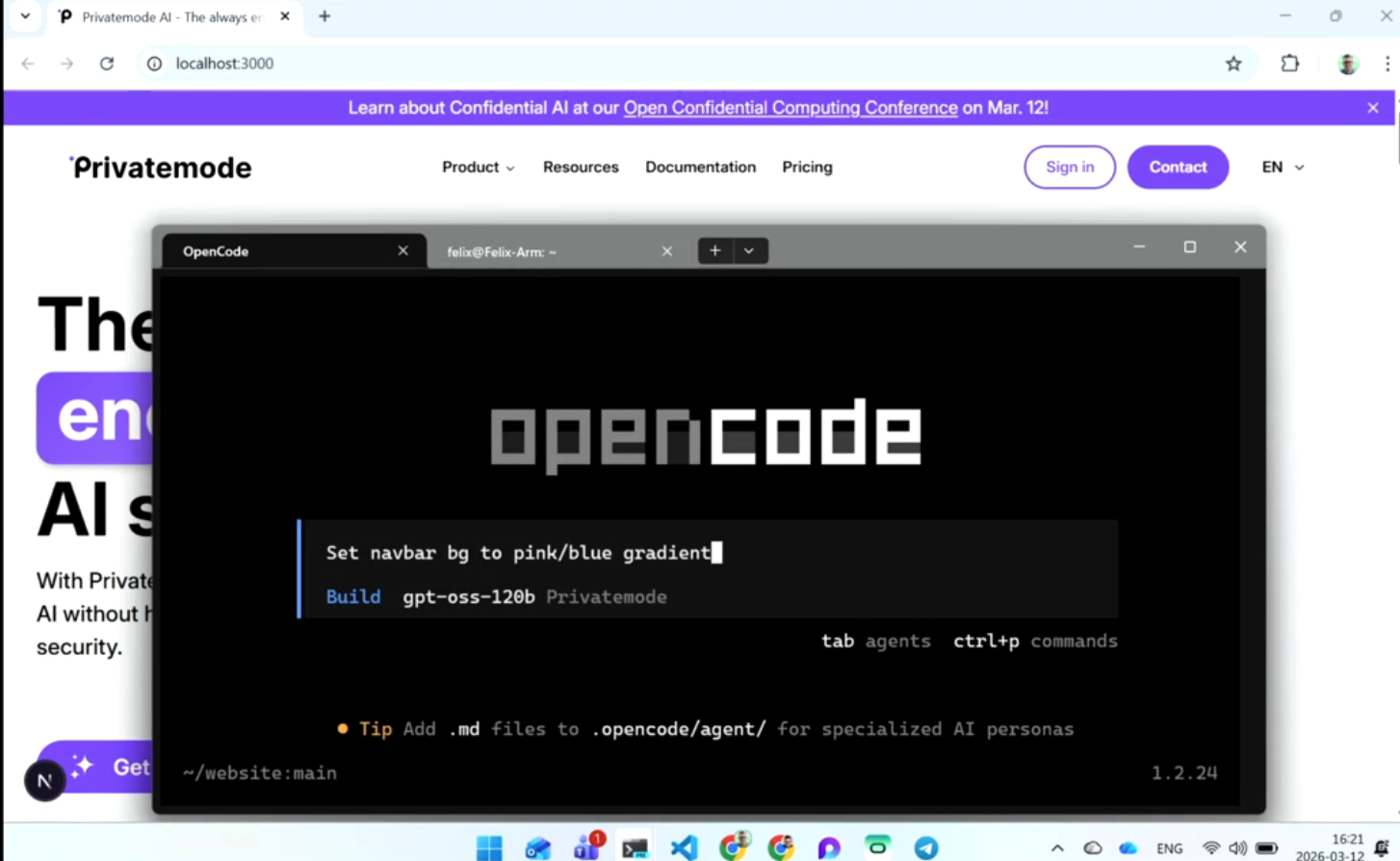 This screenshot displays a dark-themed application window titled "OpenCode" overlaid on top of a web browser viewing a localhost site for "Privatemode." The OpenCode interface features the large text "opencode" and a command input field at the bottom where a user has typed "Set navbar bg to pink/blue gradient,"