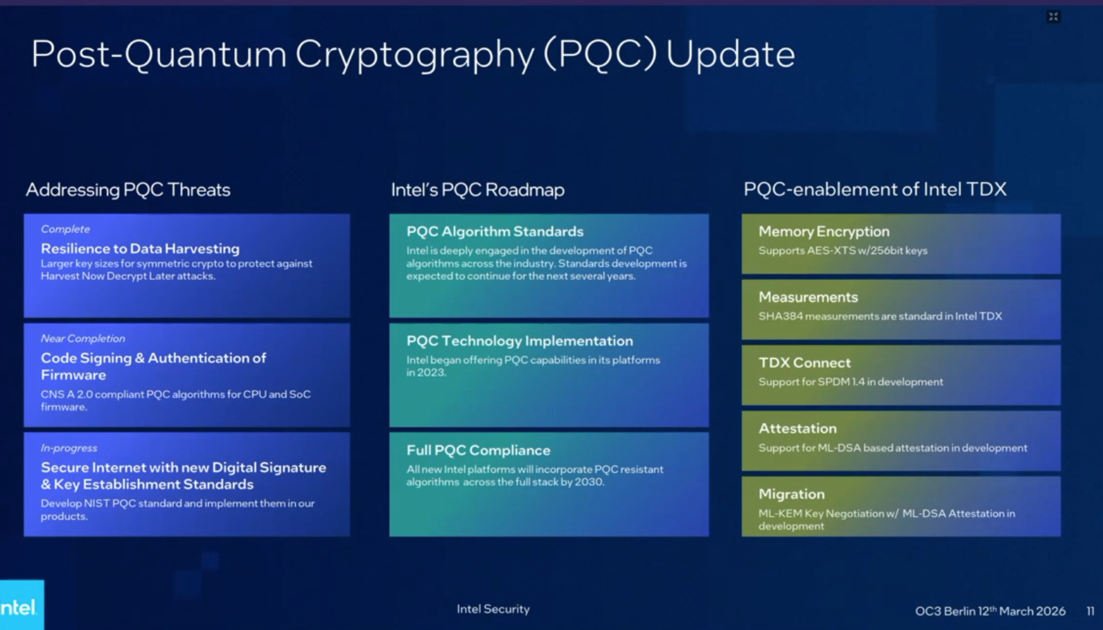 This is a presentation slide titled Post-Quantum Cryptography (PQC) Update from Intel Security, dated OC3 Berlin 12th March 2026. The slide is divided into three main columns: Addressing PQC Threats, Intel's PQC Roadmap, and PQC-enablement of Intel TDX.

The first column, Addressing PQC Threats, lists three status blocks: Complete (Resilience to Data Harvesting, larger key sizes for symmetric crypto); Near Completion (Code Signing & Authentication of Firmware, CNS A 2.0 compliant PQC algorithms); and In-progress (Secure Internet with new Digital Signature & Key Establishment Standards, develop NIST PQC standard).

The second column, Intel's PQC Roadmap, outlines three key areas: PQC Algorithm Standards (Intel engaged in development, continuing for several years), PQC Technology Implementation (offering capabilities since 2023), and Full PQC Compliance (all new platforms incorporating PQC resistant algorithms by 2030).

The third column, PQC-enablement of Intel TDX, details five components: Memory Encryption (Supports AES-XTS w/256bit keys), Measurements (SHA384 measurements are standard), TDX Connect (Support for SPDM 1.4 in development), Attestation (Support for ML-DSA based attestation in development), and Migration (ML-KEM Key Negotiation w/ ML-DSA Attestation in development). The slide uses a dark blue background with teal and blue rectangular boxes to organize the information.
