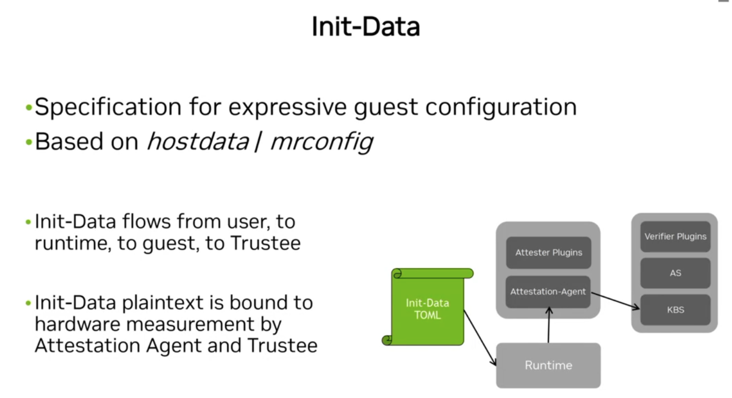 Init-Data

Specification for expressive guest configuration
Based on hostdata | mrconfig

Init-Data flows from user, to runtime, to guest, to Trustee
Init-Data plaintext is bound to hardware measurement by Attestation Agent and Trustee

On the right side, a diagram depicts a workflow where a green scroll labeled "Init-Data TOML" points to a "Runtime" box. This connects to a container containing "Attester Plugins" and "Attestation-Agent," which then points to a separate container stacked with "Verifier Plugins," "AS," and "KBS."